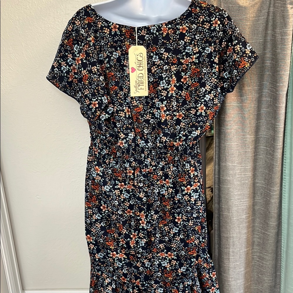 Orange and Blue Ruffled Sheath Midi Dress with Dolman Sleeves